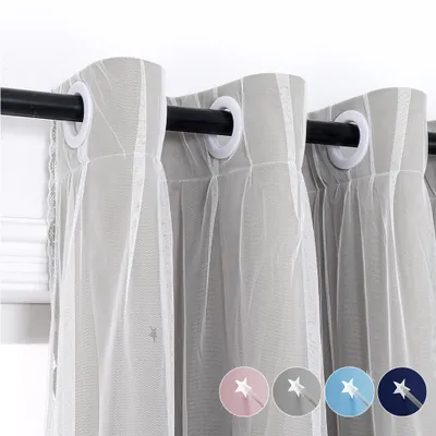 Produktbild von Gardine Aushöhlen Stern Vorhang Doppellagiger Voile Blickdicht Ösenschal für Schlafzimmer Kinderzimmer, Grau, 130x215cm