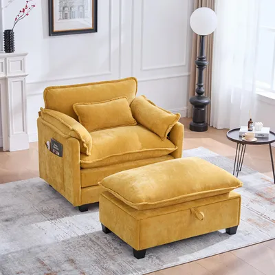Image de OKWISH Fauteuil Relax - 3 Places Avec Coussins Et Accoudoirs À Poches Revêtement Chenille Jaune