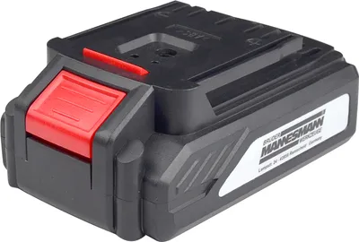 A black and red power tool battery pack is shown against a white background.
