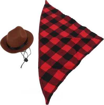 Obrázok produktu pre Pes Kovbojský klobúk a šatka Nastaviteľný Pet Kovbojský kostým Set pre Halloween Party Role Play (Brown Red Grid )