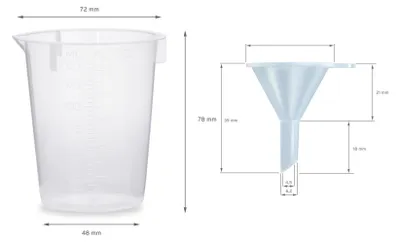 Produktbild von 10 Plastikflaschen 100 ml LDPE, G14, Tropfeinsatz, Deckel schwarz, Mini-Trichter, 150 ml Messbecher