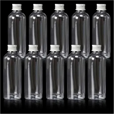 Produktbild von Kunststoffflaschen, 100 ml, mit silbernen Schraubverschlüssen – Wiederverwendbare Flaschen mit Trichter – Ideal für Partys und Hochzeitsgeschenke (10 Stück)