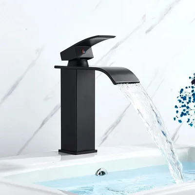 Produktbild von Waschtischarmatur - Einhebel-Mischbatterie - Warm-/Kaltwasser - Keramikkartusche - Einloch-Deckmontage - Wasserfall-Auslauf - Messingkörper - Mattschwarz
