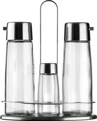 Imagen del producto de Conjunto Oliera 4 compartimentos TASTE – Fabricado en acero inoxidable con recipientes de vidrio antigoteo – Diseño elegante y minimalista para aceite, vinagre, sal y pimienta
