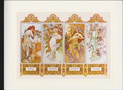 Obrázek produktu pro Alfons Mucha Zarámovaný obraz s elegantním paspartováním | Obrazy na zeď | V rámu - Čtvero ročních období, 1896 (60 x 80 cm)