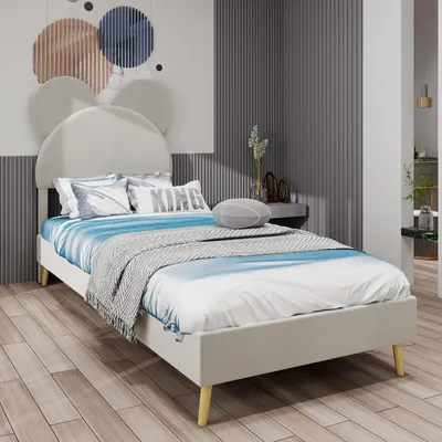 Produktbild von Sweiko Modern Minimalist Upholstered Bed with Plush Cartoon-Themed Headboard, 140x200 cm, Beige, Multifunctional Bedroom Furniture, Low-Profile Solid Base (Non-Storage Design) Mattress Not Included.