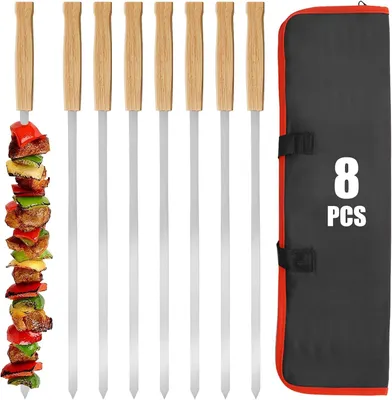 Image de Brochettes de 40 cm, lot de 8, en acier inoxydable, avec manche en bois, pour barbecue
