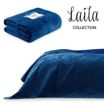 A folded blue blanket is shown in the upper left corner, and a close-up of a blue quilted blanket draped over a bed is shown in the lower portion of the image. Text is present in the upper right corner.