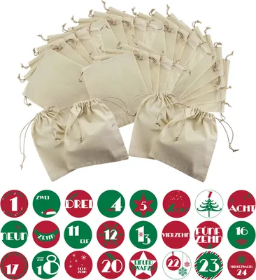 A collection of 24 beige fabric drawstring bags and 24 circular stickers with numbers and festive designs for an advent calendar.