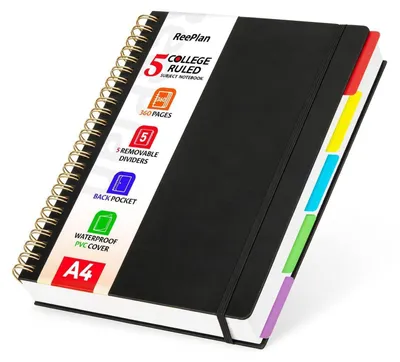 Zdjęcie produktu dla Notatnik A4, linia, oprawa twarda, spiralna, 360 stron, gramatura 100 g/m², 5 przegródek, kolor: czarny