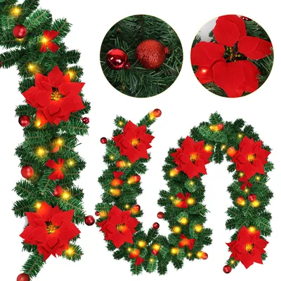 Immagine prodotto di Jayseuw decorazione ghirlanda di Natale ghirlanda di abete decorazione natalizia interna ed esterna ghirlanda artificiale 2,7 m 50 LED con rosso decorativo