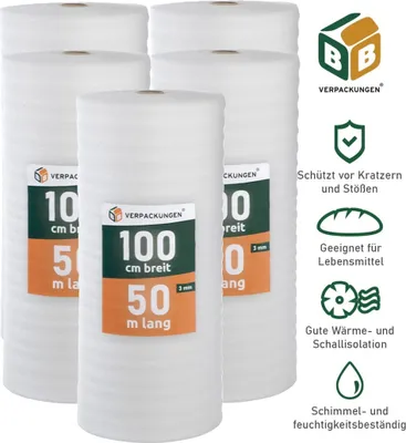 Produktbild von Trittschalldämmung (250 m²) multifunktionale PE-Schaumfolie 3mm für diverse Fußböden und Warmwasserfußbodenheizung Polster BB-Verpackungen