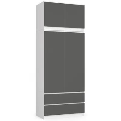 Produktbild von Kleiderschrank – Schlafzimmerschrank mit Kleiderstange – Weiß / Graphit – 90 cm – Erweiterbarer Drehtürenschrank mit Aufsatz und 2 Schubladen