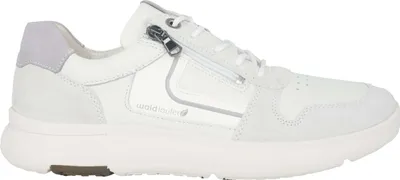 A side view of a white sneaker with gray accents.
