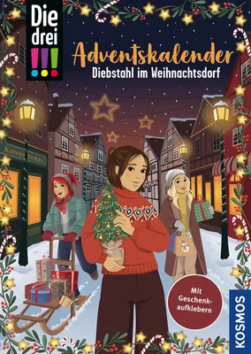 Three girls in a snowy village street at night, decorated for Christmas, with a girl in the foreground holding a small Christmas tree.
