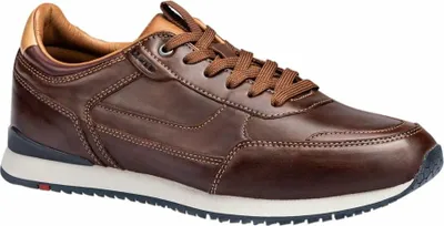 A single brown leather sneaker is shown from the side against a white background.