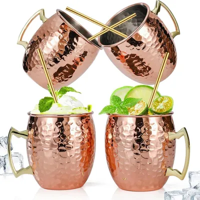 Immagine prodotto di Set di 4 bicchieri in rame per Moscow Mule, capacità 530 ml, con 4 cannucce