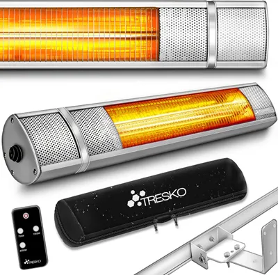 A collection of infrared heaters, a remote control, and a carrying case, presented against a white background.