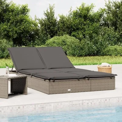 Produktbild von Sonnenliege 2er Set, Sonnenliege 2 Personen Rattan, Gartenliege Klappbar, Doppelliege Gartenmöbel Grau 201x55x20 cm
