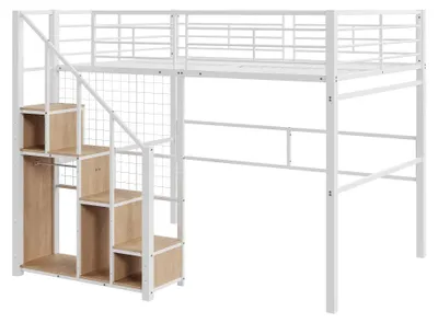 Obrázok produktu pre Postel s hornou časťou – detská a mládežnícka posteľ – 140 x 200 cm – bezpečnostné rebrík – úložný priestor – kovový rám – biela farba