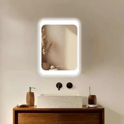 Produktbild von HOKO LED Wandspiegel 50x70 cm – Moderne Badspiegel mit Beleuchtung, Antibeschlag & Digitaluhr