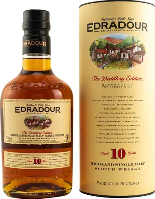 A bottle of Edradour 10 Years Old Highland Single Malt Scotch Whisky and its cylindrical gift box are shown against a white background.