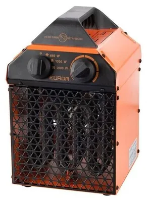 A studio shot of an orange and black electric heater.