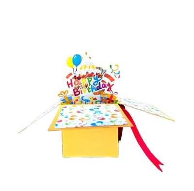 Immagine prodotto di biglietto pop-up 3D - confezione regalo con palloncini e torta, biglietto di compleanno