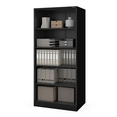 Immagine prodotto di Scaffale da ufficio in metallo, assemblato a vite, con pannello posteriore chiuso, colore nero, dimensioni 900 x 1950 x 600 mm: RUFUS