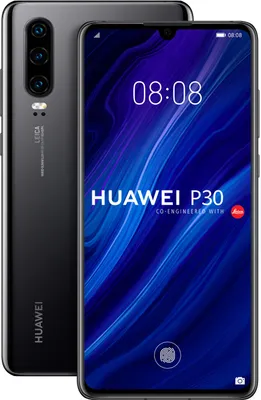 A Huawei P30 smartphone is shown from the front and back.