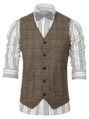 Imagen del producto de Elzusha - Chaleco ajustado para hombre, tejido de lana con aspecto de tweed, color marrón