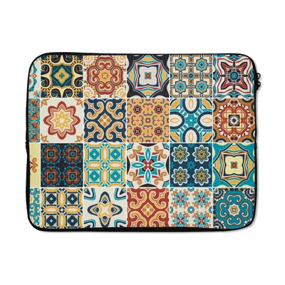 Produktbild von MuchoWow® Laptop Hülle 17 Zoll Laptoptasche Blumen - Vintage - Muster - Blau - Orange - Zipper - Schutzabdeckung
