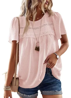 Image de TUUHAW - Tunique pour femme, style bohème, blouse d'été, top à manches courtes, élégante, rose pâle, taille M