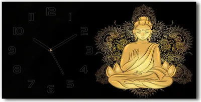 Produktbild von Wanduhr aus Glas – 60x30 cm - Glasbild - Glasuhr - Gehärtetes Glas - schwarze-zeiger - Sitzender Buddha