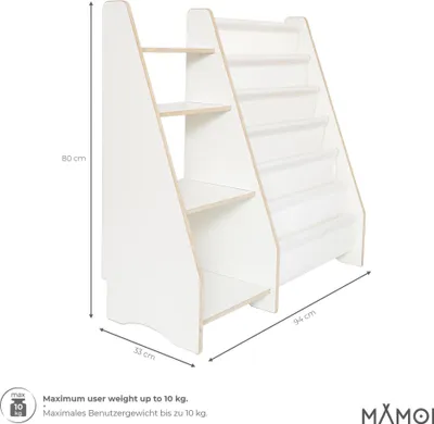 A white children's bookshelf with multiple shelves and fabric pockets, shown with dimensions indicated.