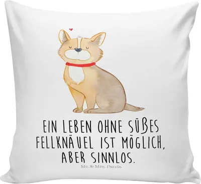 Produktbild von Mr. & Mrs. Panda Dekokissen Hund Glück - Weiß - Geschenk, Liebe, Bedrucktes Kissen, Spruch, Polster, 40x40, Sofakissen, kuschelkissen, Corgie, Deko, Herz