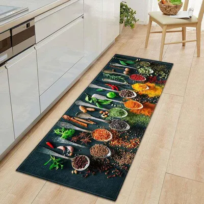 Produktbild von Küchenmatte, Geschirr & Gewürze 60 x 180 cm, waschbar, rutschfest, komfortabel, auch als Badematte, Fußmatte oder Küchenmatte geeignet.