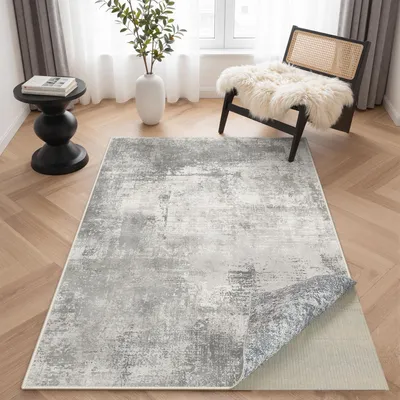 Produktbild von Umkehrbarer waschbarer Teppich für Wohnzimmer, abstraktes Design, doppelseitig und rutschfest, 160x230 cm, grau