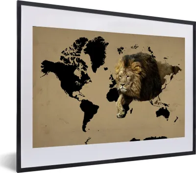 Produktbild von MuchoWow® MuchoWow® Gerahmtes Poster Weltkarte - Schwarz - Löwe 60x40 cm - Poster mit zchwarzem Bilderrahmen - Schlafzimmer - Plakat in Rahmen - Drucken