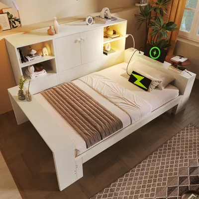 Image de Lit de jour Merax avec rangement 90 x 200 cm et lit gigogne 180 x 200 cm, lit pour adolescent en bois avec ports USB et Type-C, lit d'enfant avec rangement et double porte, blanc