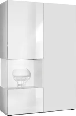 Produktbild von Vladon Vitrine Kommode Hochschrank Morena,  Germany, Korpus in Weiß matt / Rechte Tür und der Einsatz in Weiß Hochglanz, inkl. LED Beleuchtung