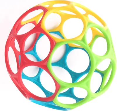 Produktbild von Bright Starts, Oball Classic, flexibler und leicht zu handhabender Ball, sensorisches Aktivitätsspielzeug für Kinder aller Altersstufen, mehrfarbig Blau, Rot, Grün, Gelb