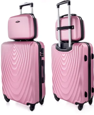Two pink suitcases, one stacked on top of the other, shown from different angles.