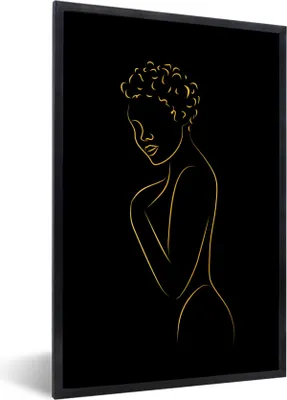 Produktbild von MuchoWow® Gerahmtes Poster Frau - Schwarz - Gold - Strichzeichnung 40x60 cm - Poster mit Schwarzem Bilderrahmen Wandposter Rahmen Foto Bilder - Papierdruck - Wandbilder