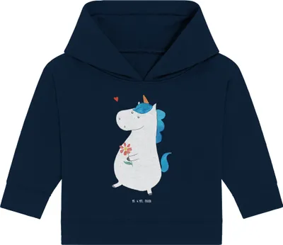 Produktbild von Mr. & Mrs. Panda Organic Baby Hoodie Einhorn Spaziergang 24. - 36. Monat - French Navy - Geschenk, Unicorn, Kapuzensweatshirt, Glitzer, Blumen, Mutter, Einhörner