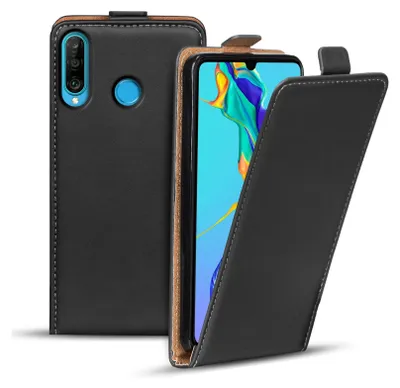 A black flip case for a Huawei P30 Lite phone, shown from a diagonal angle with the front cover open.
