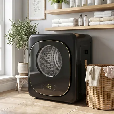 Produktbild von Wäschetrockner 4 kg Schwarz, 5 Trocknungsmodi, Kompakttrockner, 60°C Sterilisation | 48 x 43 x 57 cm | 800 W | Edelstahltrommel