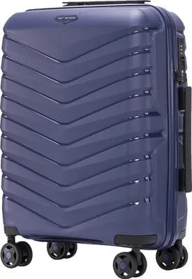 A studio shot of a navy blue suitcase.