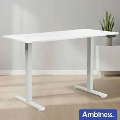 Produktbild von AMBINESS Höhenverstellbarer Schreibtisch FlexxPro | Durchgehende Arbeitsplatte | Inkl. LED-Bedienfeld & Kabeldurchführung | elektrisch stufenlos & ergonomisch | 100x60cm Weiß