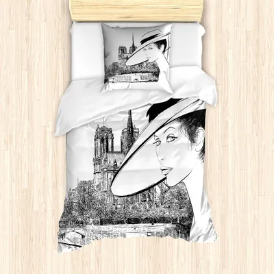 Obrázek produktu pro ABAKUHAUS Sada povlečení Notre Dame, skica mladé Pařížanky s architektonickým pozadím, 135 x 200 cm + 80 x 80 cm, uhlově šedá a bílá